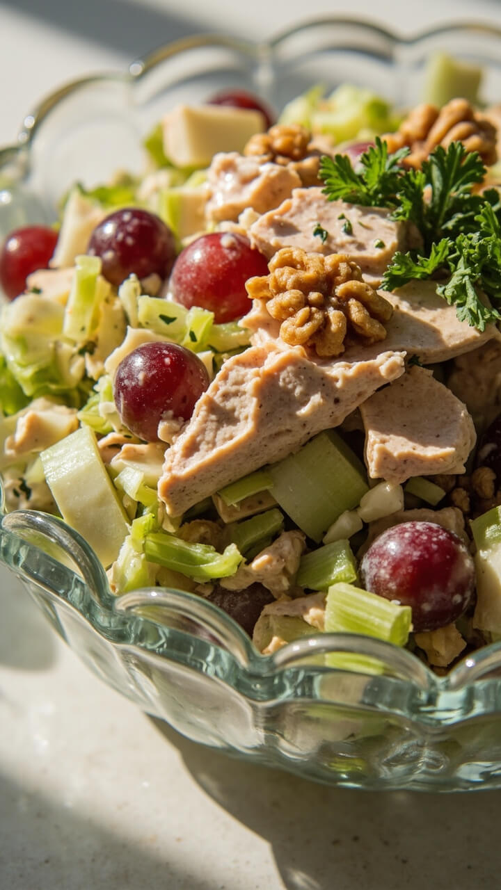 A glass bowl filled with chopped apples, celery, walnuts, and tuna, tossed in a creamy dressing with dots of red grapes. A few whole walnuts and parsley leaves top for garnish. A glass bowl filled with chopped apples, celery, walnuts, and tuna, tossed in a creamy dressing with dots of red grapes. A few whole walnuts and parsley leaves top for garnish.
