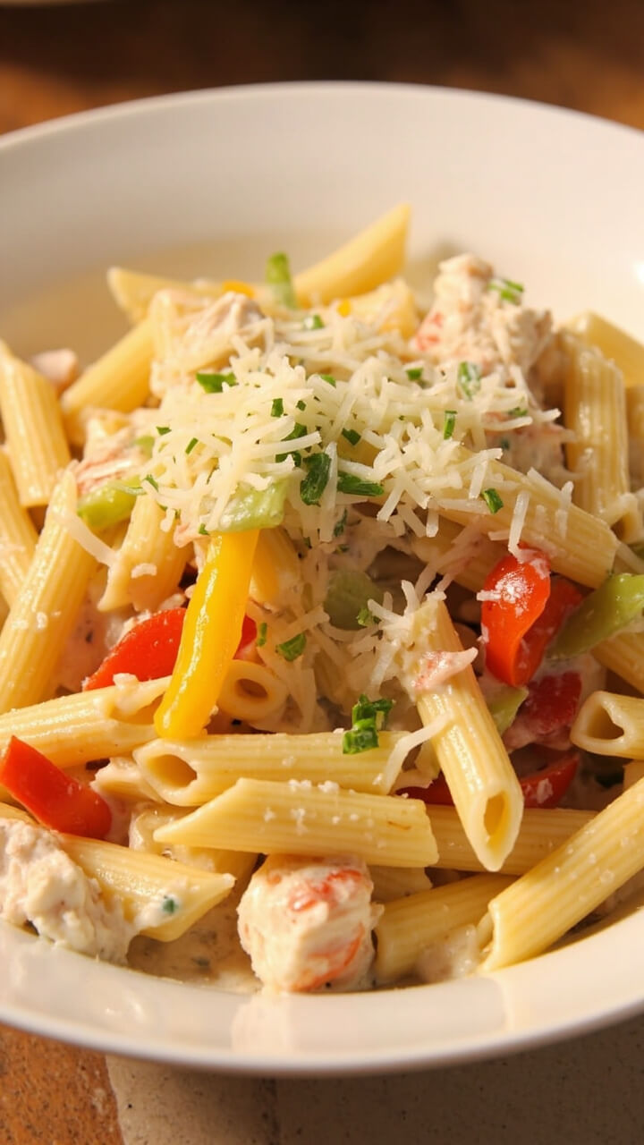 A shallow white pasta bowl heaped with penne, tossed with chunks of imitation crab and mixed bell peppers, coated in a light cream sauce, finished with chopped parsley and grated parmesan.