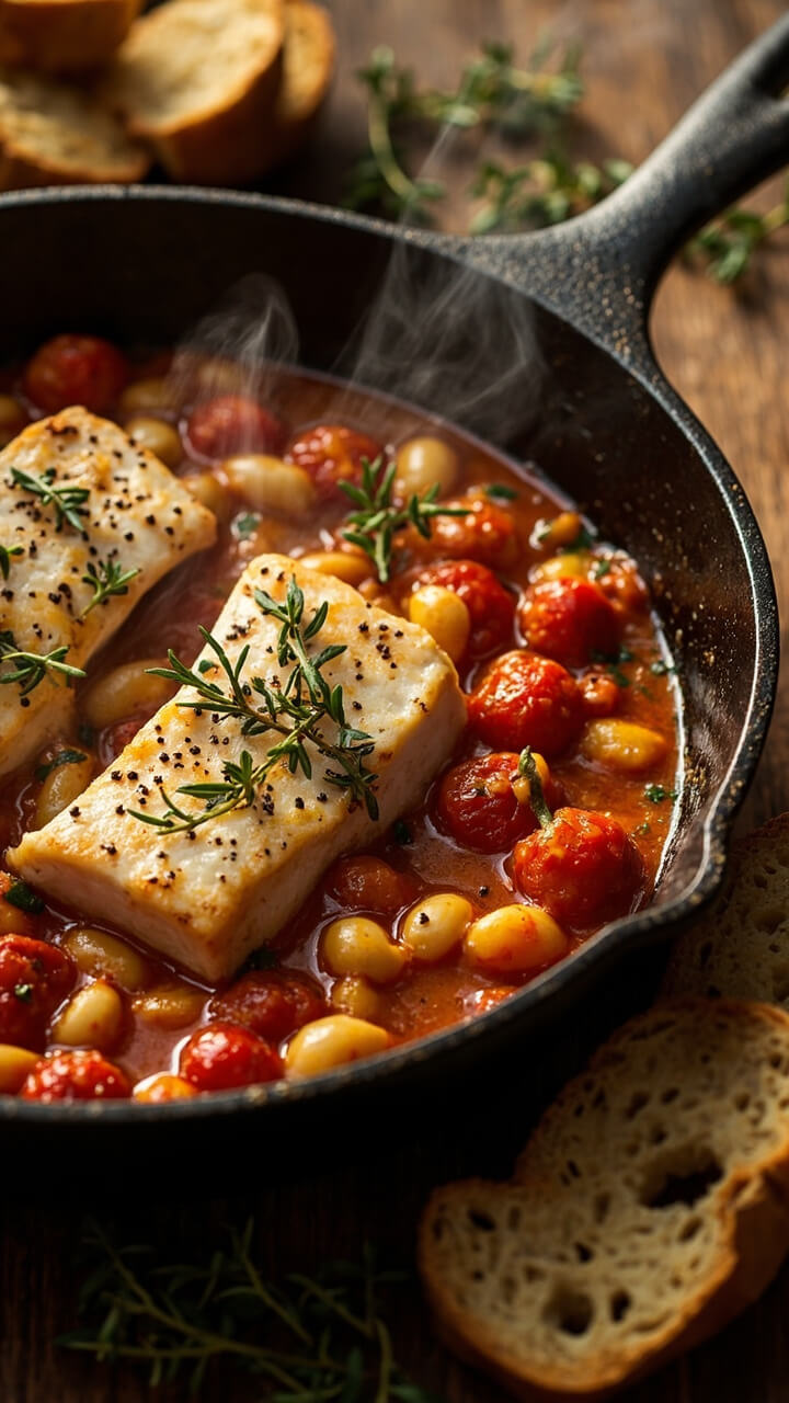 A cast-iron skillet filled with cod fillets nestled among stewed tomatoes and creamy white beans, sprinkled with fresh thyme and cracked black pepper, served with torn hunks of baguette.
