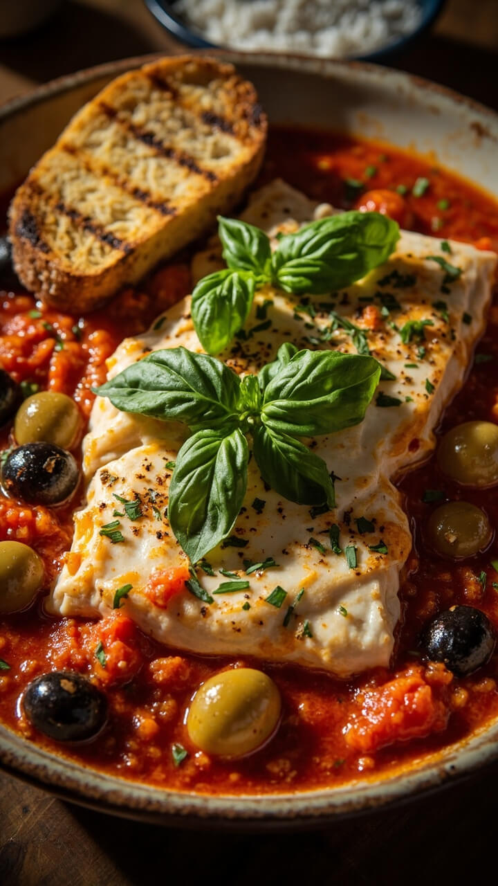 Cod fillets simmered in a chunky red tomato sauce with green and black olives, garnished with fresh basil leaves, served in a wide shallow bowl with grilled rustic bread on the side.