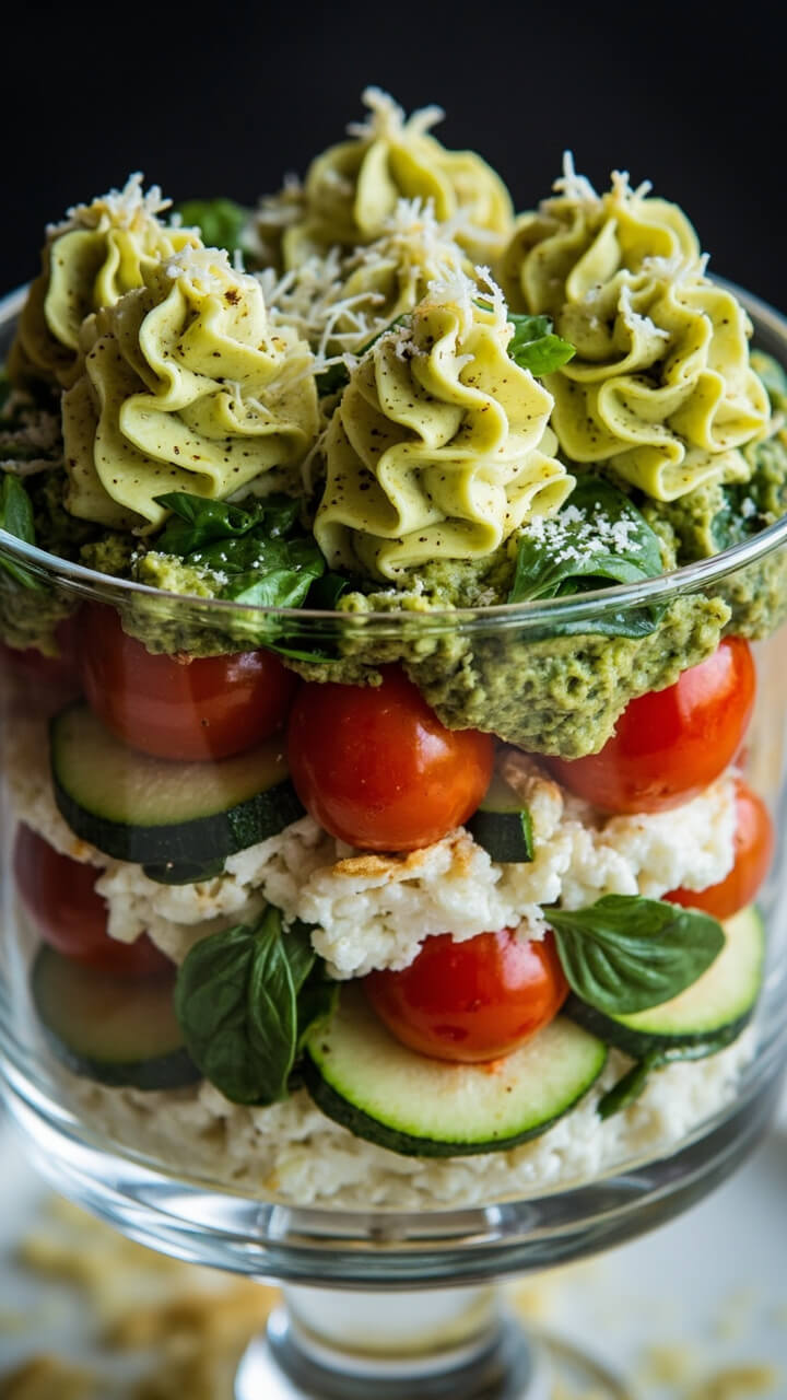 A glass dish showing four distinct layers—softened rice paper alternating with seasoned ricotta, sliced zucchini, cherry tomatoes, and basil. The top is finished with dollops of pesto and grated Parmesan.