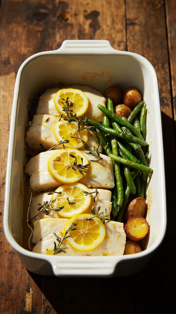 A white ceramic baking dish with four cod fillets nestled among thin lemon slices, scattered sprigs of fresh thyme, and a drizzle of olive oil. The fish is just opaque with a slight golden edge. A few steamed green beans and roasted baby potatoes sit alongside on a cozy wooden dinner table.