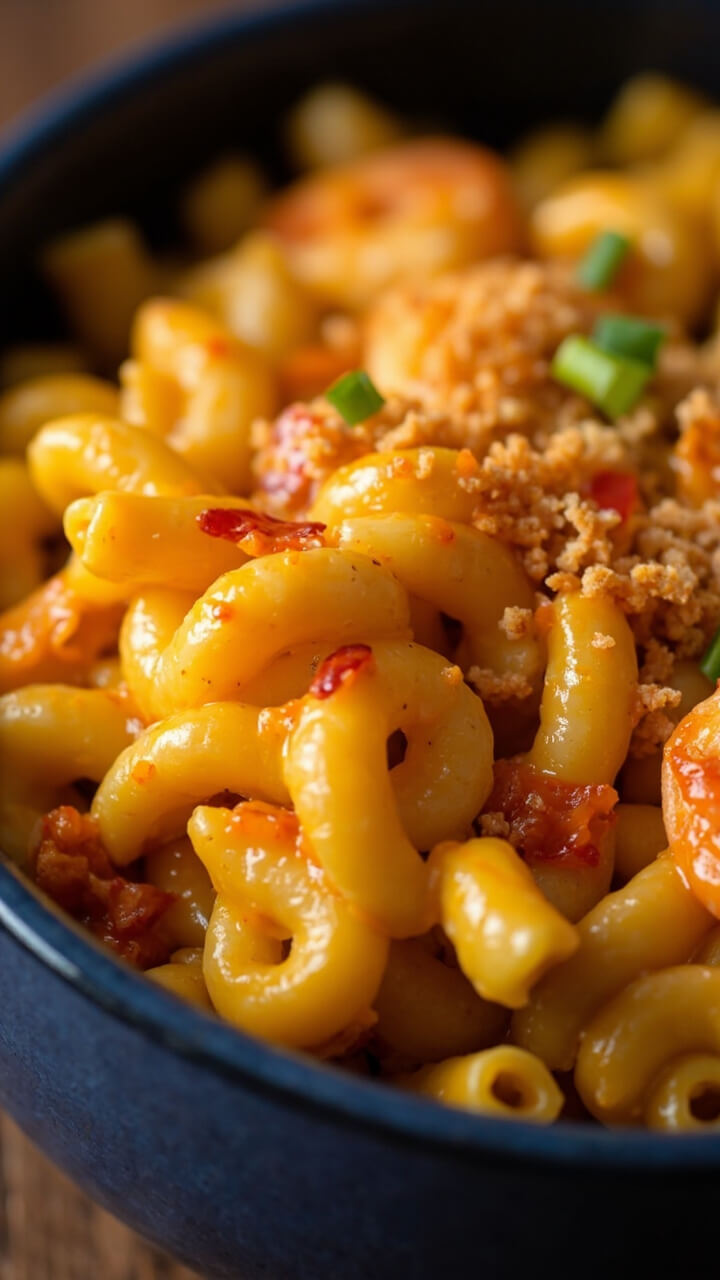 A blue ceramic bowl filled to the brim with elbow macaroni enrobed in thick, creamy cheese sauce, dotted with spicy golden shrimp and a hint of red pepper flakes. A crumble of buttered breadcrumbs and chopped green onion finish the bowl. A blue ceramic bowl filled to the brim with elbow macaroni enrobed in thick, creamy cheese sauce, dotted with spicy golden shrimp and a hint of red pepper flakes. A crumble of buttered breadcrumbs and chopped green onion finish the bowl.