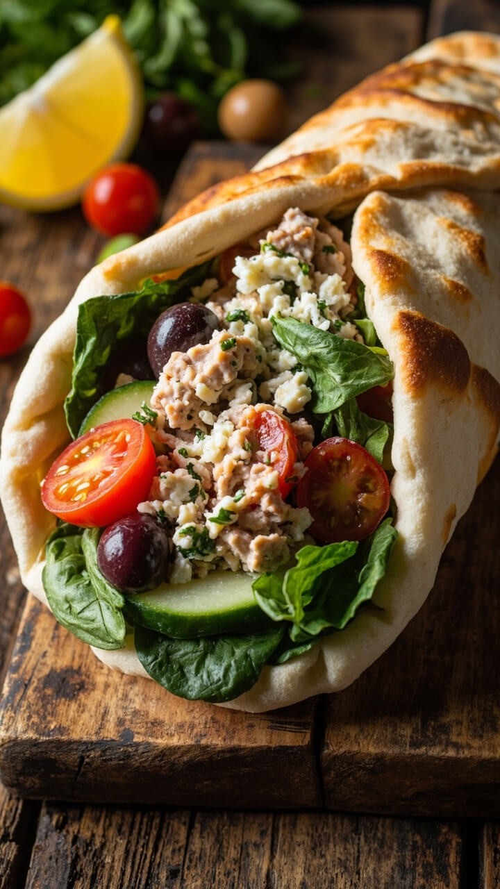 A soft pita pocket split open, stuffed generously with tuna salad, juicy cherry tomato halves, crisp cucumber slices, Kalamata olives, baby spinach, and a sprinkle of feta, plated on a rustic board with a wedge of lemon and a few olives. A soft pita pocket split open, stuffed generously with tuna salad, juicy cherry tomato halves, crisp cucumber slices, Kalamata olives, baby spinach, and a sprinkle of feta, plated on a rustic board with a wedge of lemon and a few olives.