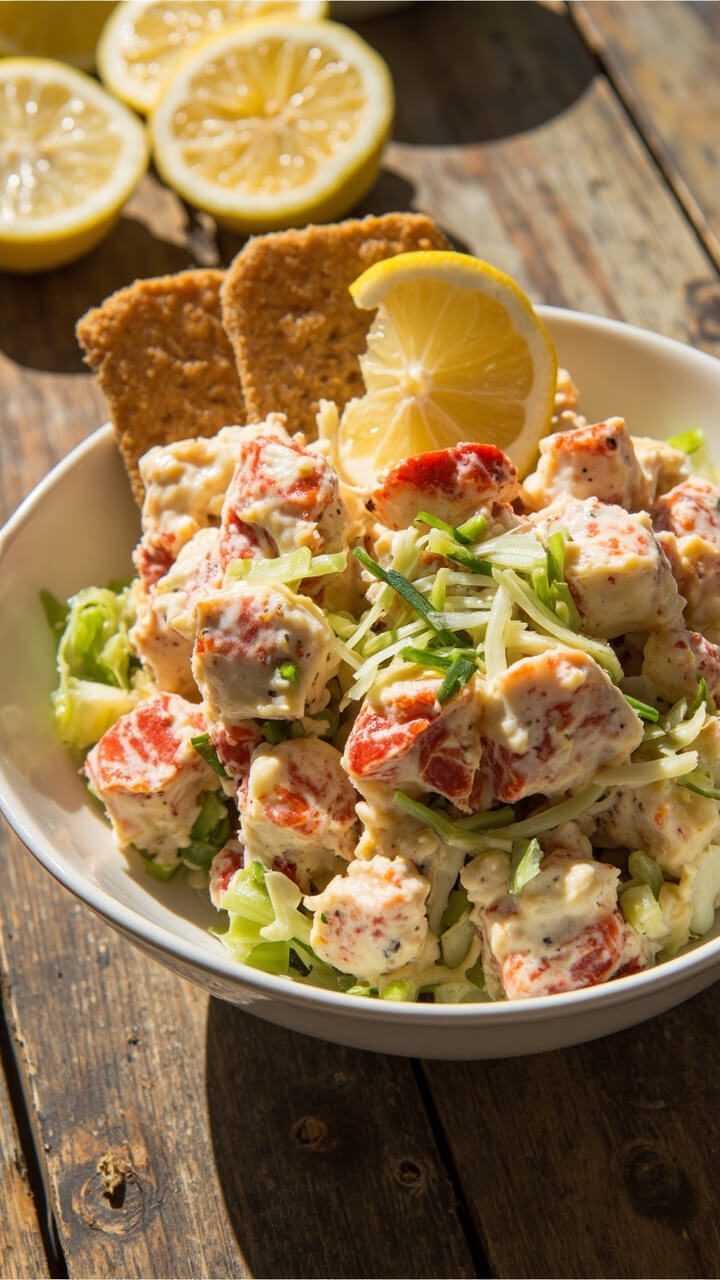 Plump lobster salad with chunks of lobster meat, finely chopped celery, diced chives, and a light mayonnaise dressing served in a white bowl, lemon wedges on the side, with a few crackers for dipping on a weathered wooden tabletop.