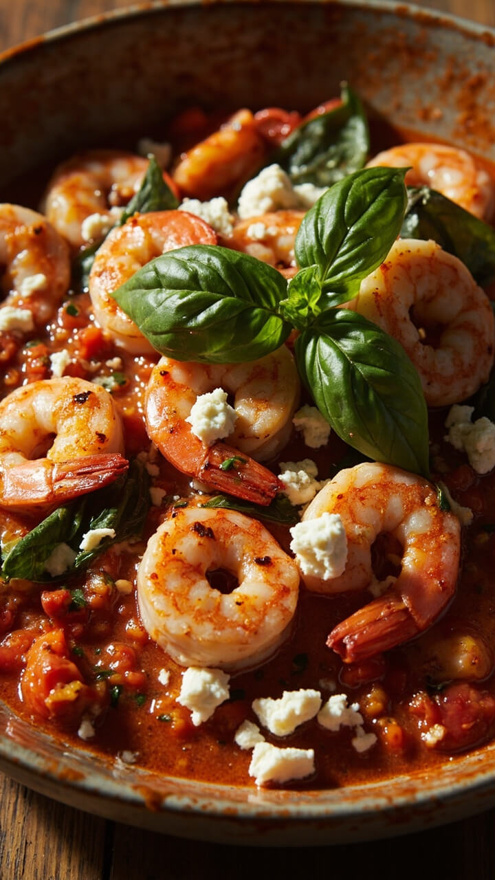 Sautéed shrimp nestled in a chunky tomato, garlic, and herb sauce, sprinkled with crumbled feta cheese and fresh basil, served in a rustic shallow bowl. Sautéed shrimp nestled in a chunky tomato, garlic, and herb sauce, sprinkled with crumbled feta cheese and fresh basil, served in a rustic shallow bowl.