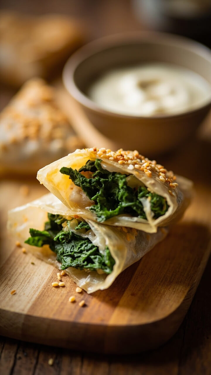 Angular rice paper parcels, golden and flecked with sesame seeds, are split open to show a green, creamy spinach and tofu filling. They are arranged on a wooden board with a small bowl of yogurt raita on the side.