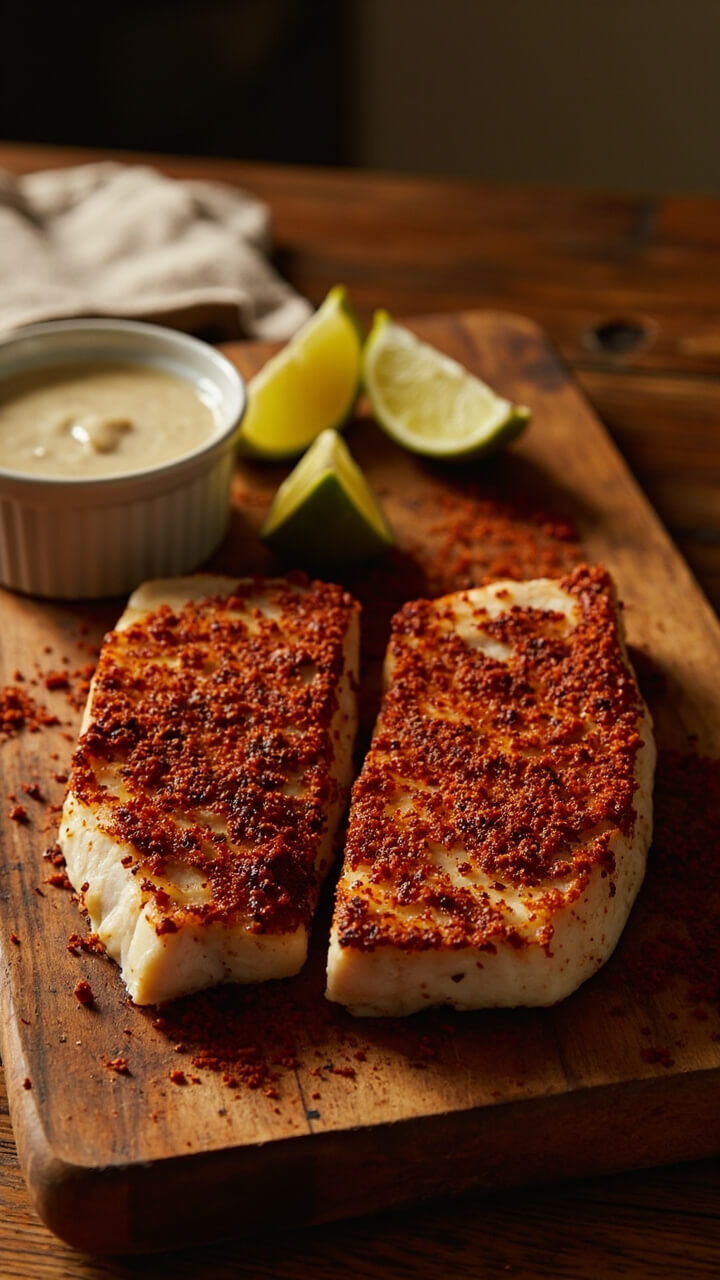 Cod fillets with a deep, reddish-orange spice crust, arranged on a rustic wooden serving board. A ramekin of creamy dipping sauce sits beside them, with a few lime wedges. The surface looks peppery and slightly charred around the edges. Cod fillets with a deep, reddish-orange spice crust, arranged on a rustic wooden serving board. A ramekin of creamy dipping sauce sits beside them, with a few lime wedges. The surface looks peppery and slightly charred around the edges.