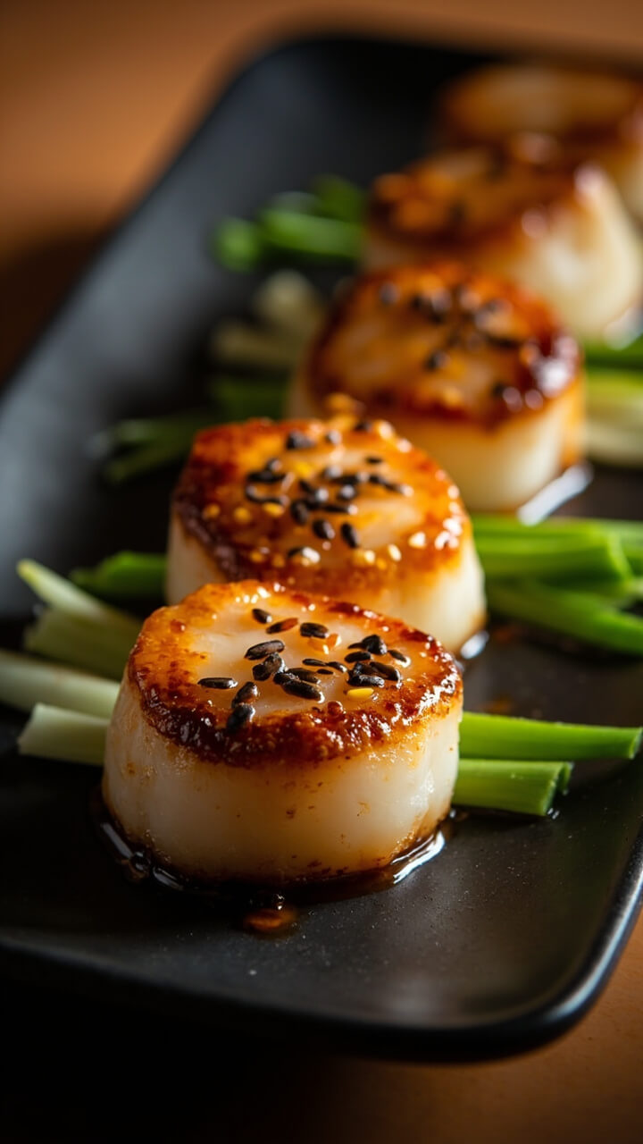 Broiled scallops with a deep caramelized sheen are sprinkled with toasted sesame seeds and sliced scallions, all neatly nested on a simple rectangular plate. Broiled scallops with a deep caramelized sheen are sprinkled with toasted sesame seeds and sliced scallions, all neatly nested on a simple rectangular plate.