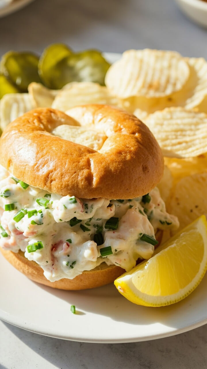 A split-top butter-toasted bun piled with creamy langostino salad, green flecks of chive, a lemon wedge on the side, plain kettle chips and pickle slices on a white plate.