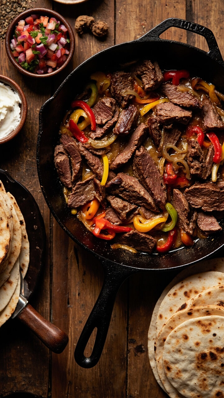 Thin slices of skirt steak nestled on a cast iron skillet with strips of red, yellow, and green bell peppers plus golden sautéed onions. Small bowls of sour cream, pico de gallo, and warm flour tortillas on the table. Thin slices of skirt steak nestled on a cast iron skillet with strips of red, yellow, and green bell peppers plus golden sautéed onions. Small bowls of sour cream, pico de gallo, and warm flour tortillas on the table.