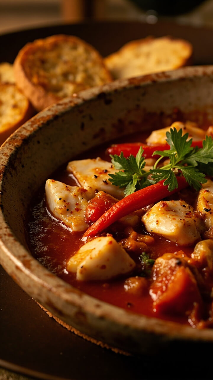 Wide ceramic bowl filled with chunky tomato-based stew—pearl white fish chunks, slices of red chili, a sprinkle of chopped parsley, with toasted bread on the side for dipping.