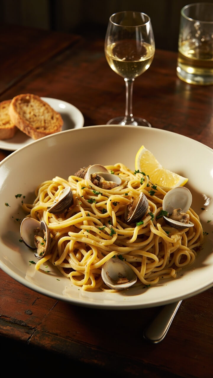 A wide, shallow pasta bowl holding linguine tangled with whole clams in shells, flecks of parsley, and a drizzle of olive oil. Rustic bread rests on a side plate, and a glass of white wine is nearby. A lemon wedge sits at the rim. A wide, shallow pasta bowl holding linguine tangled with whole clams in shells, flecks of parsley, and a drizzle of olive oil. Rustic bread rests on a side plate, and a glass of white wine is nearby. A lemon wedge sits at the rim.