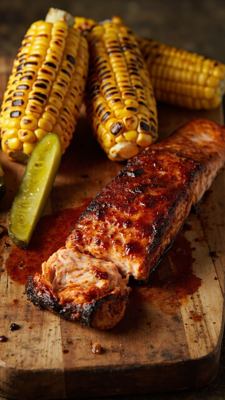 A salmon fillet covered in a reddish-brown BBQ rub, charred at the edges, set on a rustic wooden board with grilled corn and a pickle spear. A salmon fillet covered in a reddish-brown BBQ rub, charred at the edges, set on a rustic wooden board with grilled corn and a pickle spear.