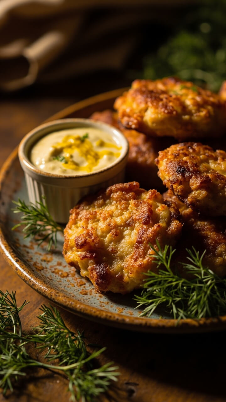 A rustic plate stacked with golden, pan-fried fish cakes, a small bowl of lemony mayo for dipping, and fresh dill sprigs scattered around. A rustic plate stacked with golden, pan-fried fish cakes, a small bowl of lemony mayo for dipping, and fresh dill sprigs scattered around.
