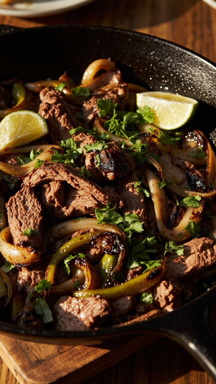 A cast iron skillet with thick-cut strips of steak sizzling among charred poblano slices and caramelized onions. The skillet sits on a wooden trivet, garnished with chopped cilantro and a wedge of lime.