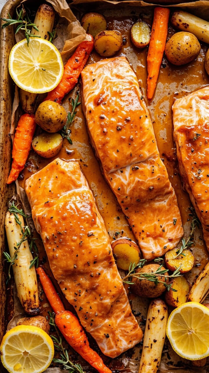 Salmon fillets glazed with a shiny maple-Dijon sauce, nestled alongside golden roasted carrots, parsnips, and baby potatoes on a parchment-lined sheet pan. Lemon wedges and sprigs of thyme scattered for garnish. Everything is arranged rustic-style, straight from the oven.