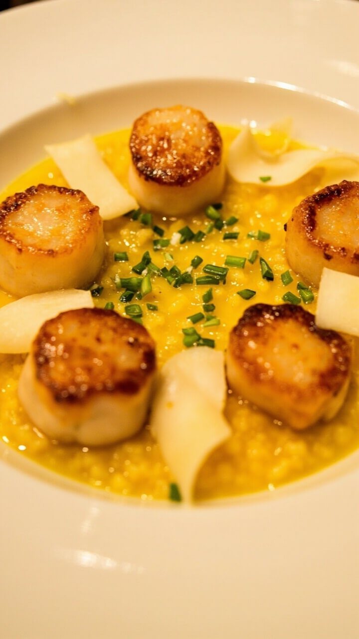 Six golden-brown scallops arranged in a circle on creamy, velvety risotto with a sprinkle of fresh chives, served in a wide shallow bowl with parmesan curls and a drizzle of olive oil.