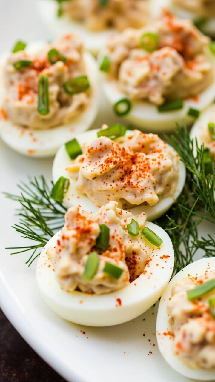 A round white platter with deviled egg halves topped with a creamy, pale tuna filling and sprinkled with paprika and chopped chives. A few whole dill sprigs are tucked between eggs for a festive touch. A round white platter with deviled egg halves topped with a creamy, pale tuna filling and sprinkled with paprika and chopped chives. A few whole dill sprigs are tucked between eggs for a festive touch.
