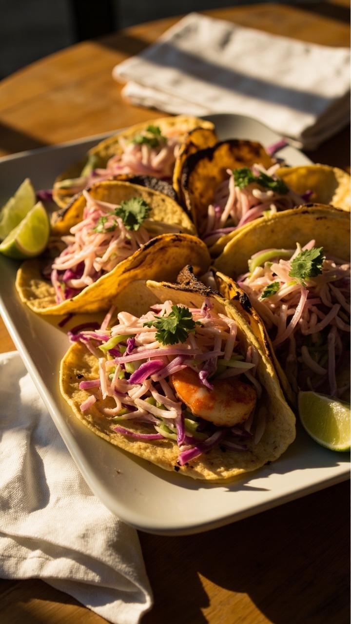 Warm corn tortillas filled with vibrant pink grilled shrimp, topped with shredded cabbage slaw, thin red onion slices, and lime wedges on a white platter. A sprinkle of cilantro finishes it all on a wooden table set with folded napkins.