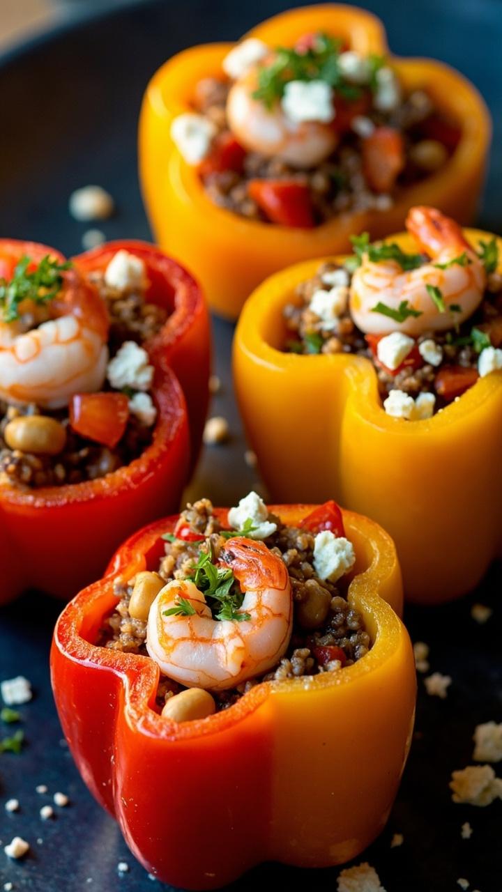 Four halved red and yellow bell peppers stuffed with a mixture of shrimp, brown rice, tomatoes, chickpeas, and crumbled feta, garnished with chopped parsley on a blue stoneware tray.