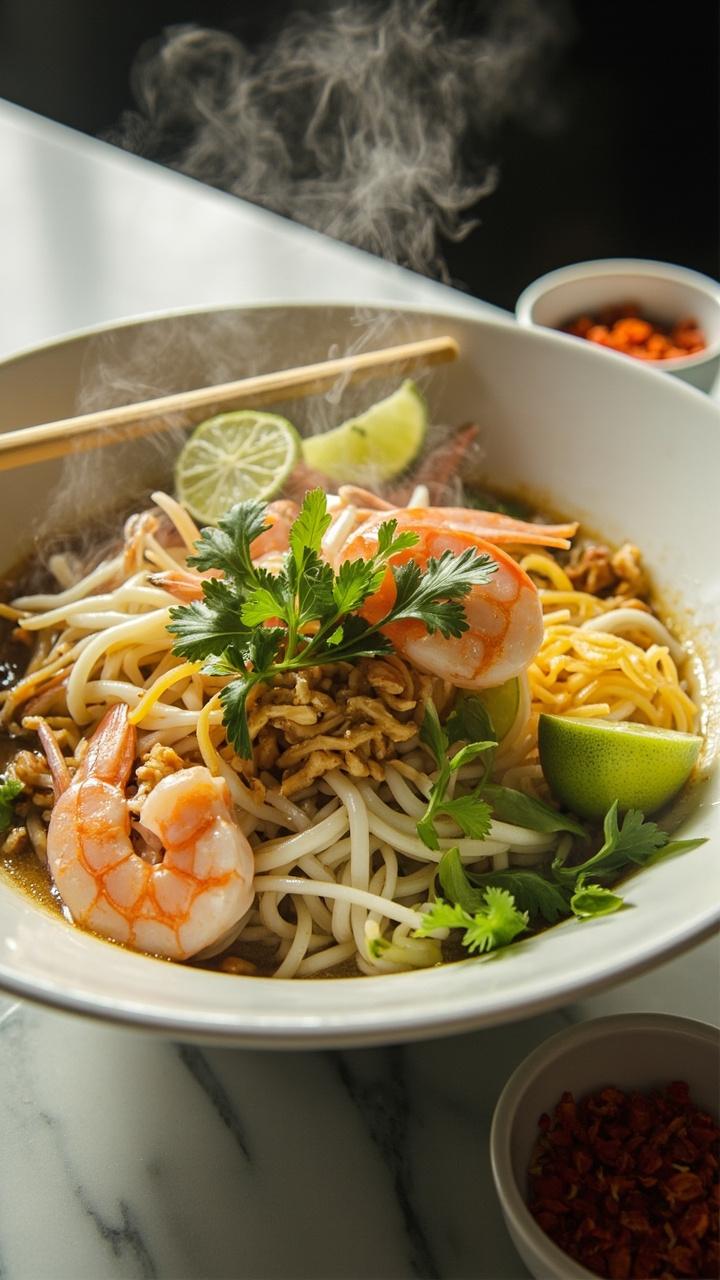 A broad white shallow bowl piled with glossy rice noodles, pink shrimp, scrambled egg ribbons, green onion sprigs, crushed peanuts, and bright lime wedges on the side. Sprigs of cilantro sprinkled over steaming noodles. Chopsticks resting on the bowl. A marble countertop with a small dipping bowl of chili flakes nearby.