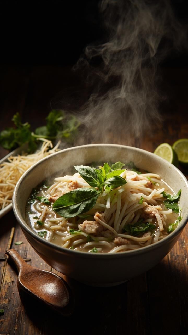 A large ceramic soup bowl filled with silky flat rice noodles, poached chicken slices, pale broth flecked with green cilantro, thin onion slices, and a sprig of Thai basil. Bean sprouts and lime wedges on the side. A wooden spoon rests in the bowl. Steam rises gently over a rustic wooden table.