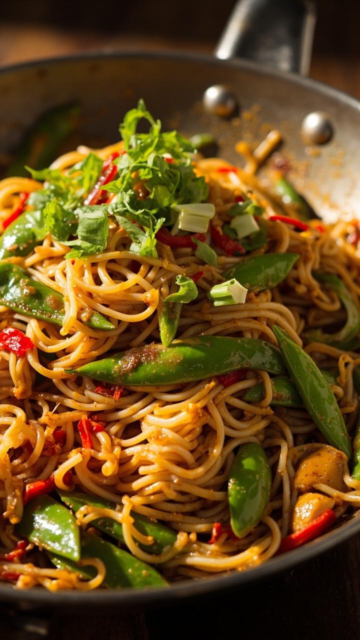 A shallow saute pan filled with thin vermicelli rice noodles tossed with bright green snap peas, bell pepper strips in red and yellow, slivers of onion, and thinly sliced chicken. Curry-tinted noodles glow golden with a scattering of chopped green onion and chili slices on top.