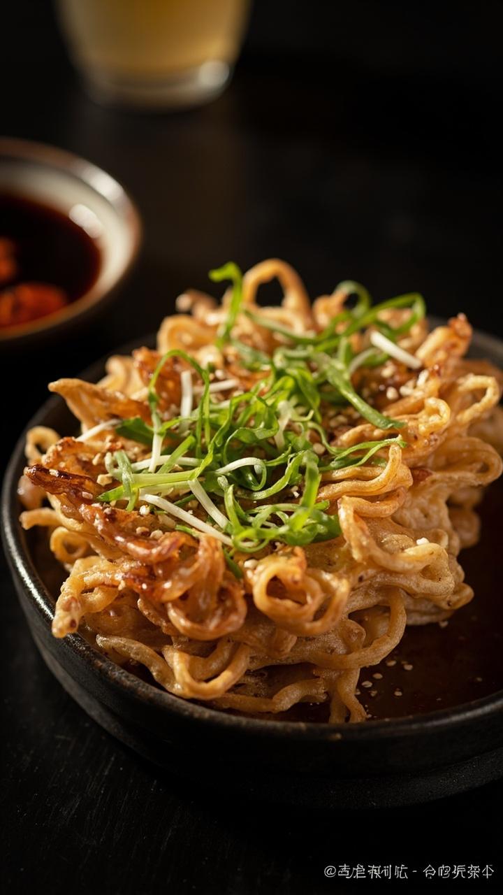 A stack of wedge-shaped crispy noodle pancakes, each with a golden-brown crust, set on a dark ceramic plate. Thinly sliced green onions and sesame seeds are sprinkled over the pancakes. A small bowl of soy dipping sauce sits alongside.
