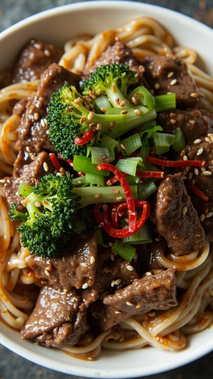 A shallow white bowl mounded with broad rice noodles, glossy beef strips, and bright green steamed broccoli florets. The beef is glazed in a soy-based sauce and sprinkled with toasted sesame seeds. Red chili threads and scallions add accent color.
