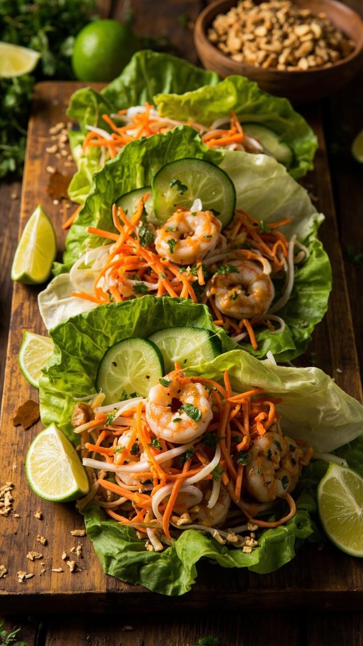 Butter lettuce leaves laid out on a wooden board, each piled with shrimp, shredded carrots, thin cucumber slices, and drizzled with creamy peanut sauce. Lime wedges and chopped peanuts for garnish.