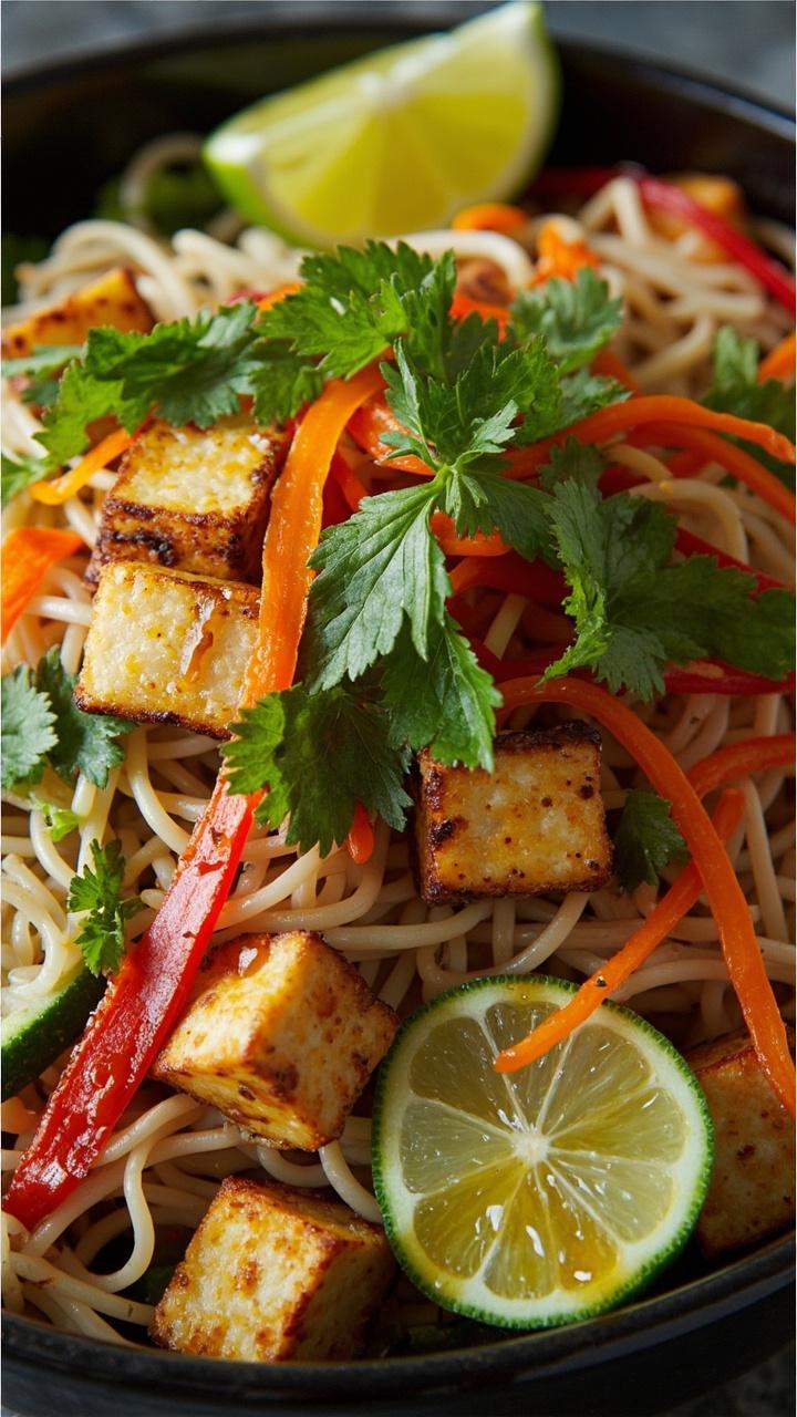A deep noodle bowl filled with slippery rice noodles, golden pan-seared tofu cubes, matchstick carrots, cucumber ribbons, and sliced red bell pepper. Fresh mint and cilantro leaves are scattered on top, with wedges of lime on the rim. A tangy vinaigrette glistens over everything.