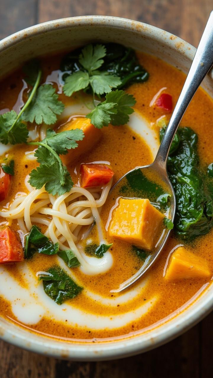 A large pale ceramic soup bowl brimming with golden coconut curry broth, silky rice noodles peeking out, chunks of sweet potato, baby spinach, and red pepper. Swirls of coconut milk dot the surface, with fresh cilantro as garnish. A silver soup spoon rests on the bowl’s edge.