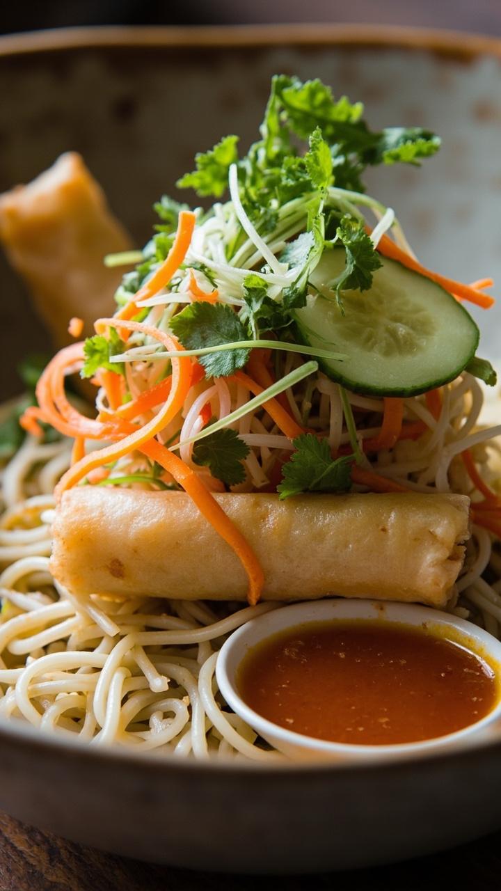 A deep bowl with chilled rice noodles at the base, topped with halved golden spring rolls, julienned carrots, shredded lettuce, thin cucumber, and a tangle of fresh herbs. A small dish of nuoc cham dipping sauce sits nearby.