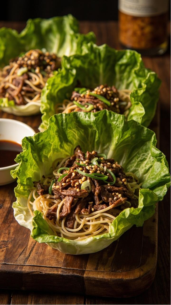 Large butter lettuce leaves fanned out on a platter, each filled with a heap of tangled rice noodles, strips of browned beef, thinly sliced scallions, and a sprinkle of sesame seeds. Small dipping bowls of soy sauce and hoisin sit near the platter.