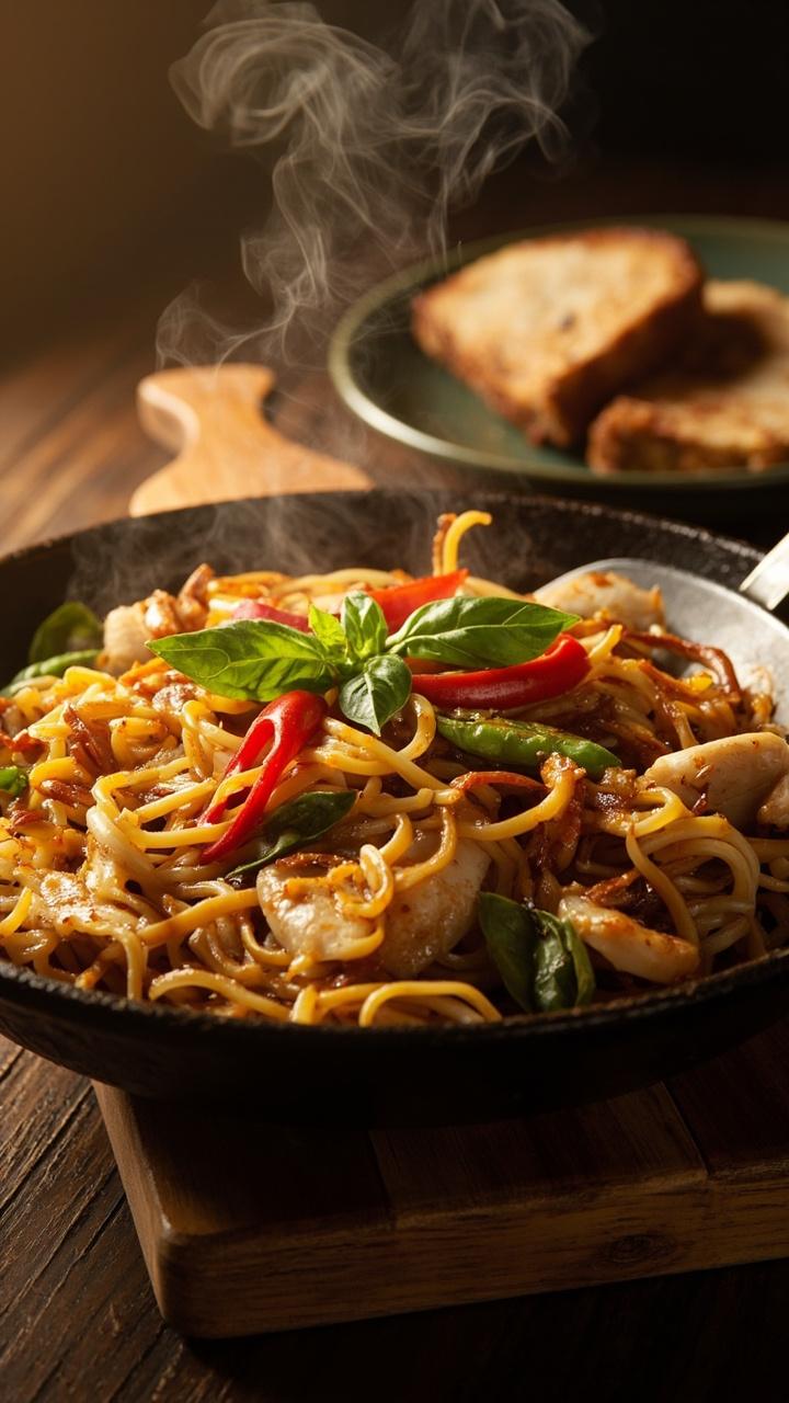 A cast iron skillet loaded with glossy, wide rice noodles tangled with caramelized onions, red chili, slivers of bell pepper, dark green basil, and slices of chicken or tofu. A serving spatula lies beside the noodles, steam rising gently.