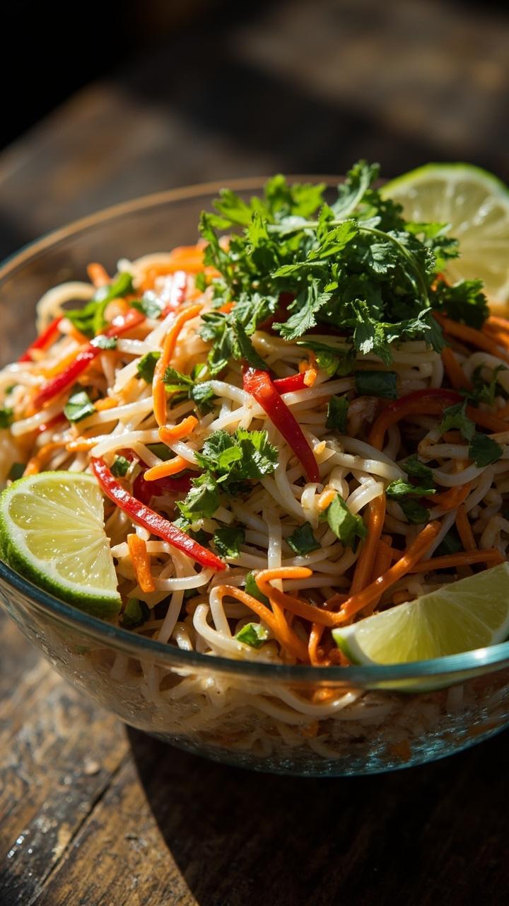A large glass bowl filled with rice noodles, thin strips of red bell pepper, shredded carrots, lots of chopped cilantro and mint, and flecks of green cucumber. A drizzle of glistening clear lime dressing on top. Slices of lime placed around the bowl.
