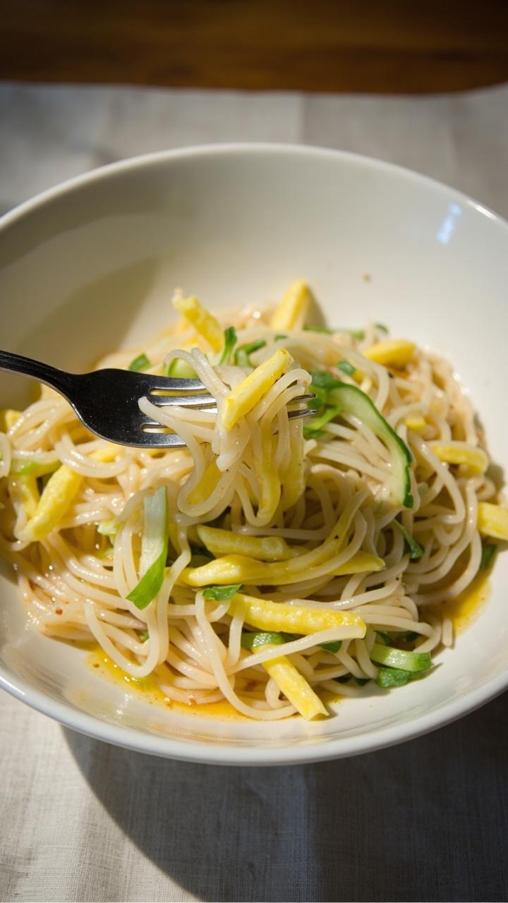 A simple white dinner bowl brimming with glossy, pale rice noodles, scrambled egg ribbons, sliced scallions, and a few dots of sesame oil. A fork twirls noodles at the edge, on a plain linen napkin.