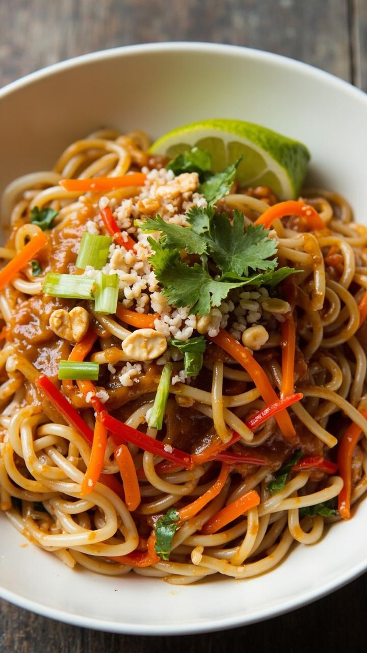 A deep white bowl heaped with thick rice noodles coated in a shiny peanut-sesame sauce, flecked with shredded carrots, red bell pepper, and scallions. Chopped peanuts and cilantro top the bowl. A wedge of lime is on the rim.