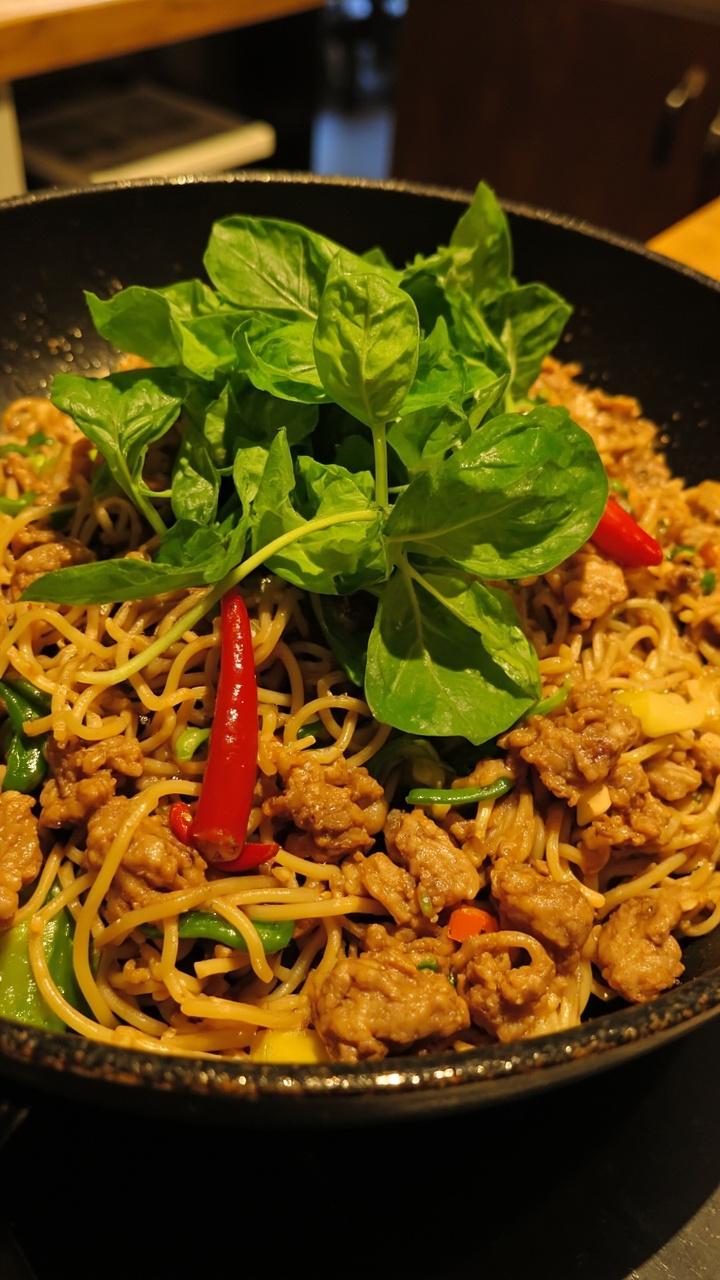 A black nonstick skillet filled with rice noodles, crumbled golden-brown pork, flecks of garlic and red chili, bright green snow peas, and a smattering of fresh basil leaves on top. The scene is clean and inviting, ready for serving right out of the skillet.