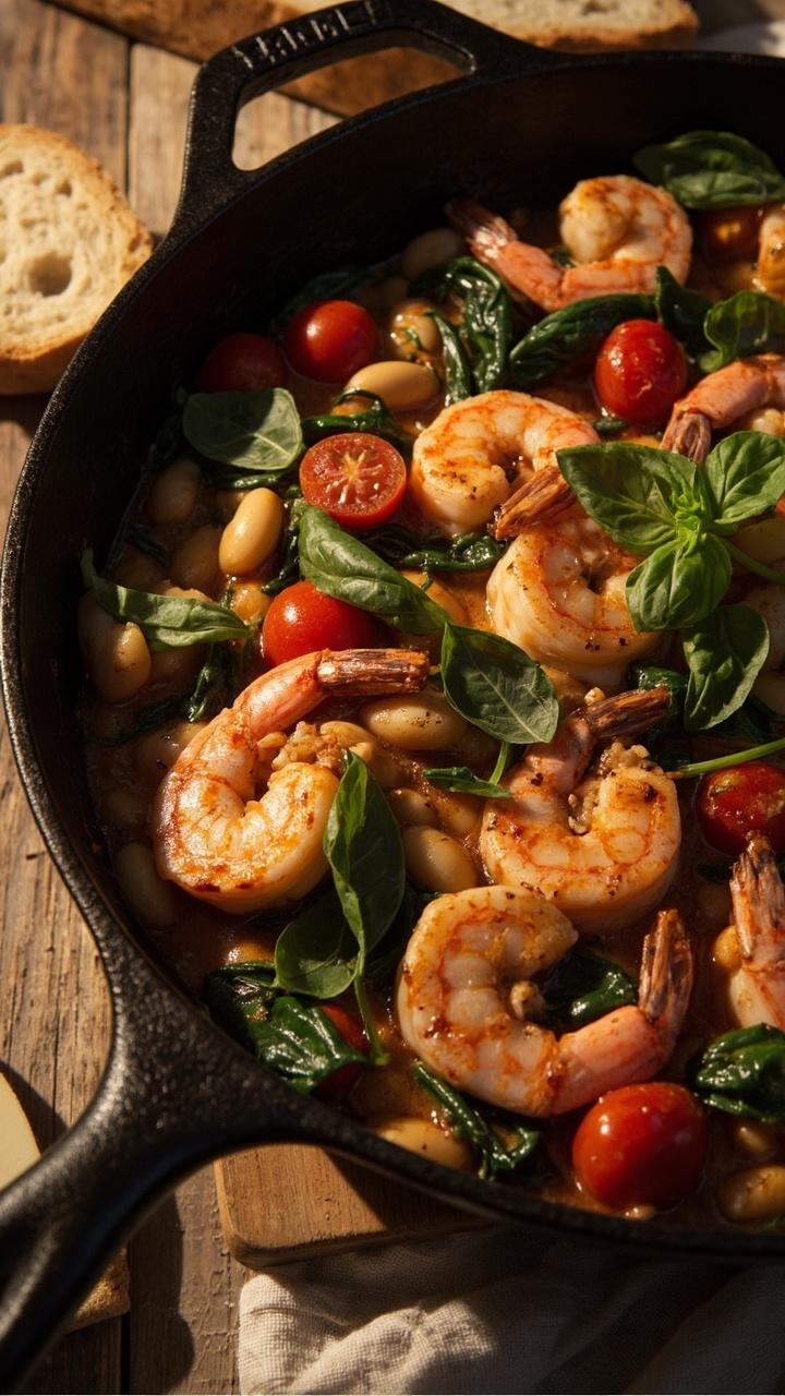 A rustic cast iron pan brimming with shrimp, white beans, wilted spinach leaves, cherry tomatoes, and a light white wine-tomato sauce, sprinkled with fresh basil. Served with a thick slice of country bread on the side.