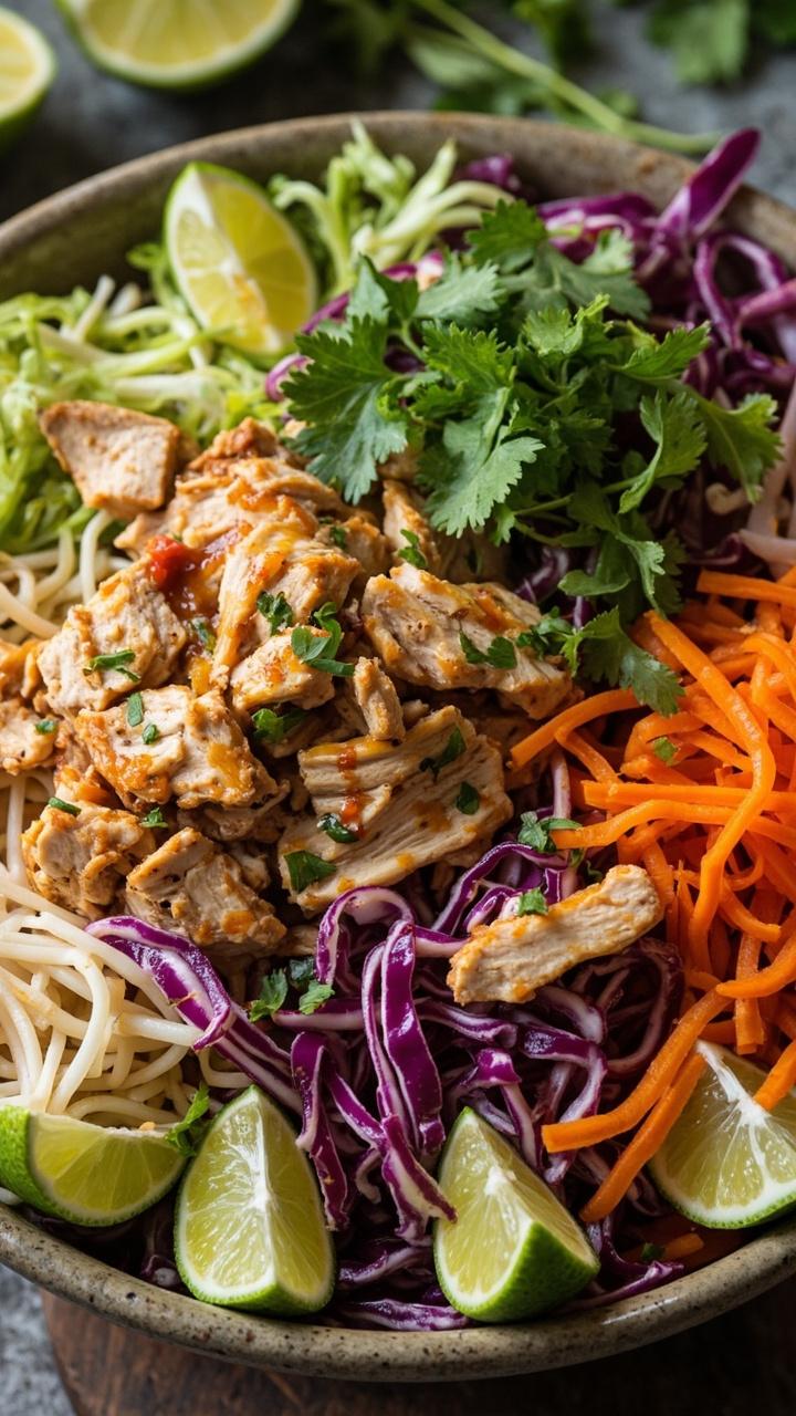 A wide salad bowl brimming with rice noodles, shredded chicken breast, ribbons of purple cabbage and carrots, all tossed in glossy sweet chili dressing. A handful of fresh cilantro and wedges of lime finish the scene.