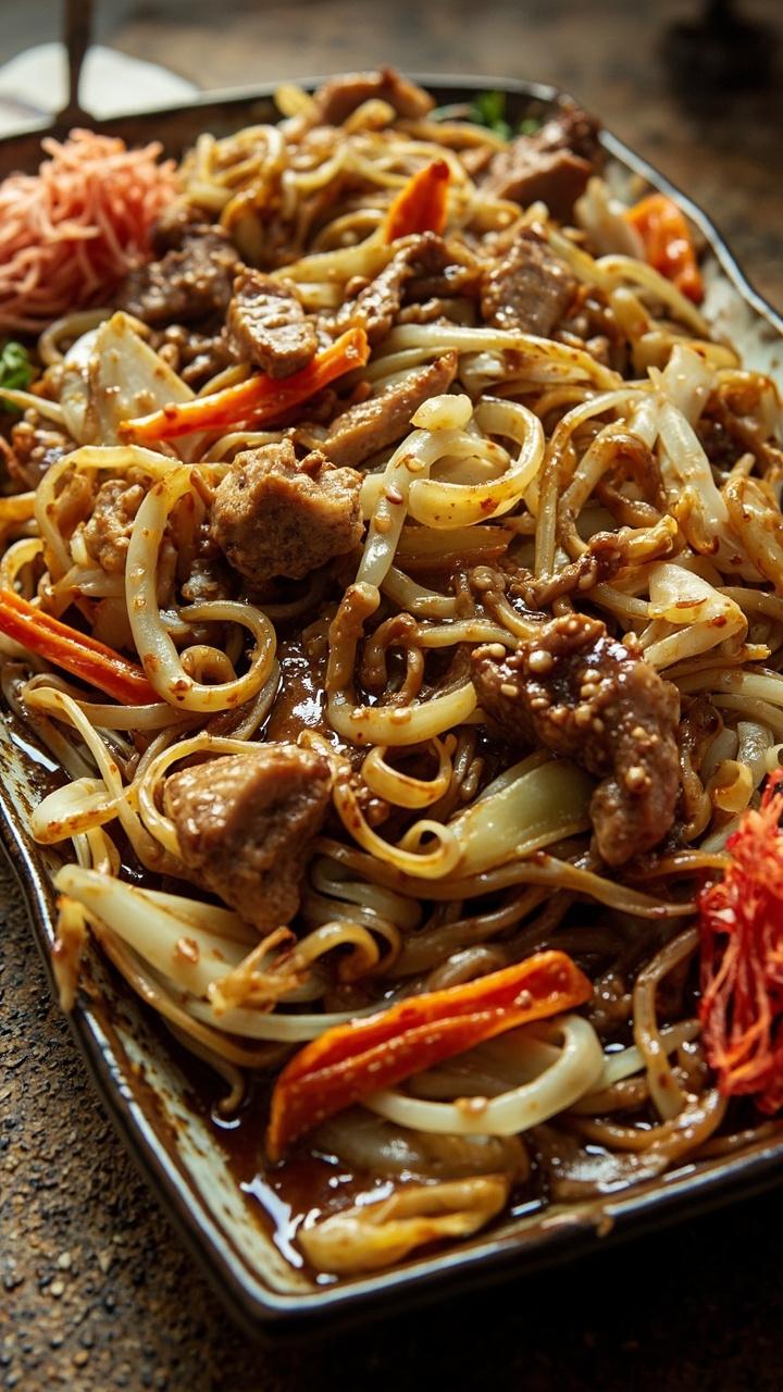 A large shallow platter piled with stir-fried rice noodles, thin ribbons of cabbage, julienned carrots, sliced pork strips, and a savory dark brown sauce glistening all over. Scattered toasted sesame seeds and strips of pickled ginger on the side.