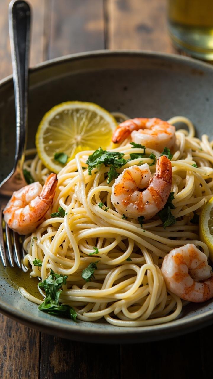 A gray ceramic pasta bowl filled with wide rice noodles, pink sautéed shrimp, flecks of chopped parsley, a few lemon slices, and a drizzle of olive oil glistening on the noodles. A fork set at an angle on the bowl.