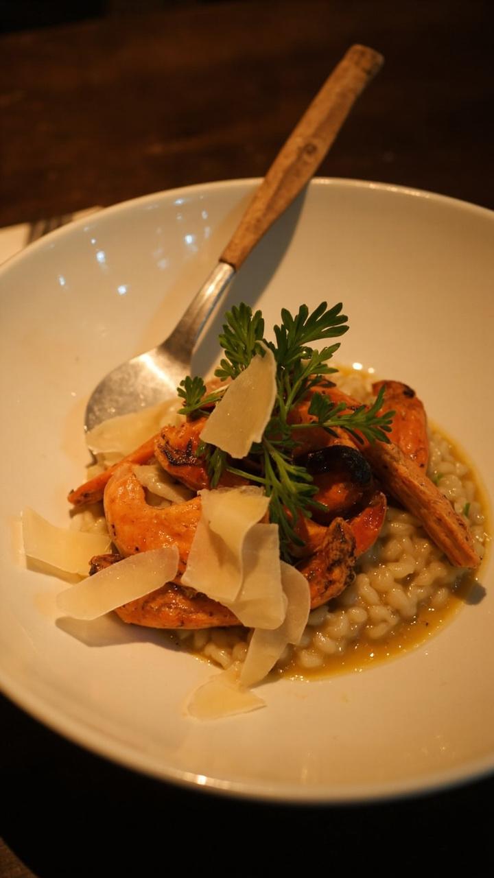 A shallow, wide white bowl filled with creamy, golden risotto, topped with vibrant orange-red slices of sautéed lobster mushroom. Sprigs of fresh parsley and a scattering of parmesan shavings decorate the top, with a rustic wooden spoon resting nearby.