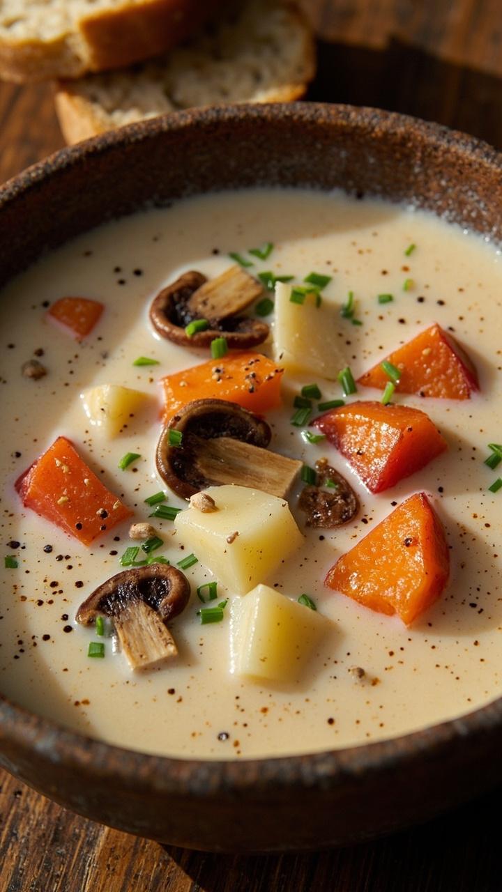 A creamy white soup served in a deep ceramic bowl, dotted with chunks of red-skinned potatoes and vivid orange lobster mushroom pieces. Garnished with chopped chives and fresh-ground black pepper, accompanied by crusty bread on the side.