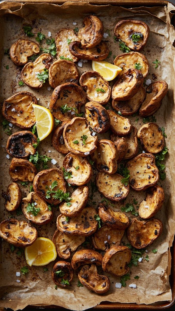 A rustic baking sheet lined with parchment, scattered with golden-brown slices of roasted lobster mushrooms. Bright lemon wedges, flakes of sea salt, and bits of parsley are sprinkled on top. The mushrooms are arranged in a casual pile, ready to serve.