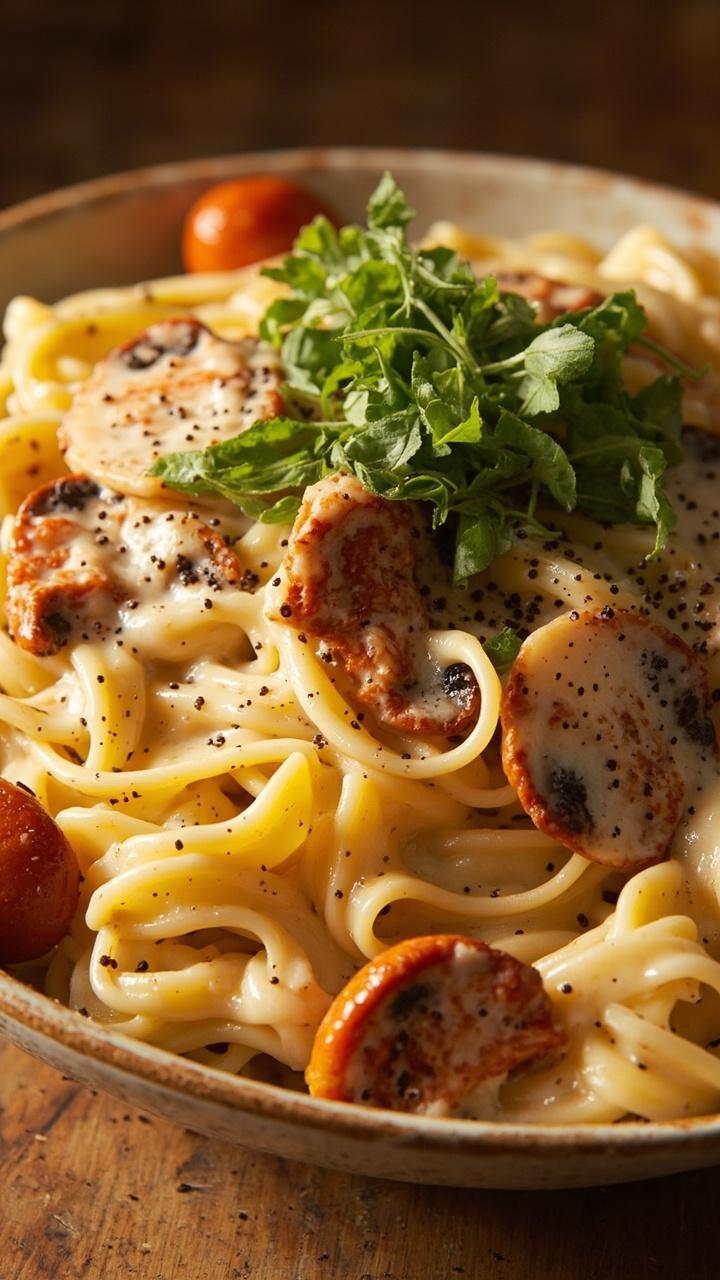 A large shallow pasta bowl filled with al dente linguine, coated in a glossy, creamy white sauce. Scattered with sautéed orange-red lobster mushrooms, topped with a shower of chopped basil and cracked black pepper.