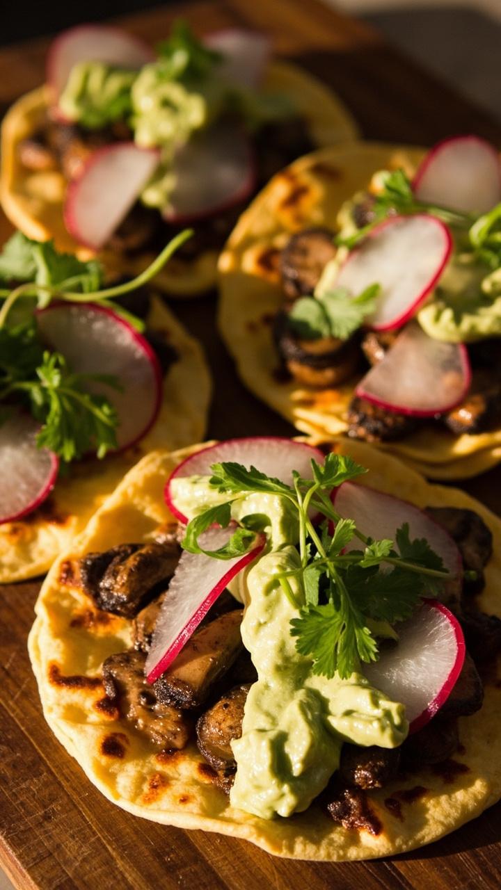 Warm corn tortillas filled with sautéed lobster mushrooms, topped with a swirl of pale green avocado crema. Each taco is garnished with thinly sliced radishes and cilantro leaves, arranged on a rustic wooden board.