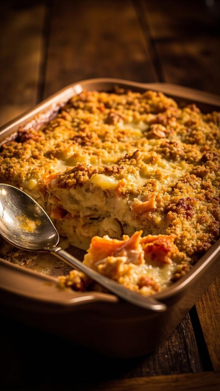 A rectangular ceramic baking dish with layers of creamy, cheesy gratin dotted by visible orange slices of lobster mushrooms. The golden-brown breadcrumb topping is crisp. A serving spoon is set beside the dish, ready to scoop.